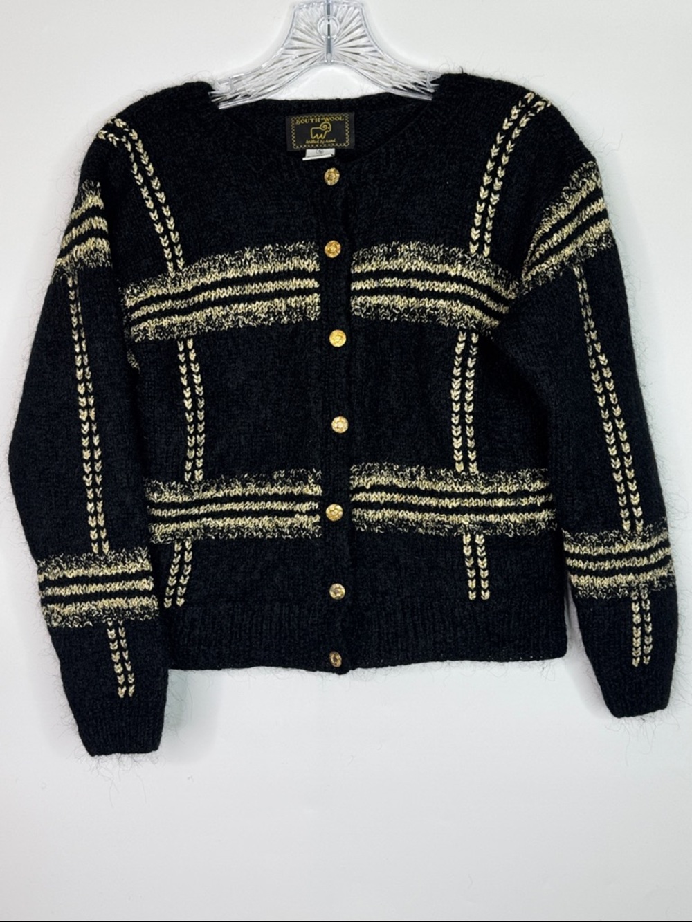 Vintage South Wool Mohair Blend Black Gold Button Sweater Size Small